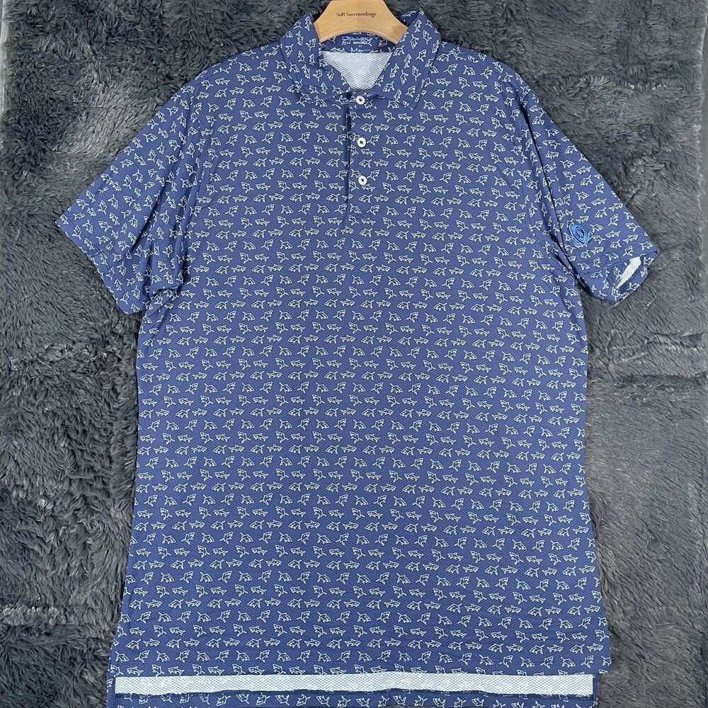 B. Draddy Sport Polo Shirt Men’s Medium Navy Blue Shark Print AOP Short Sleeve